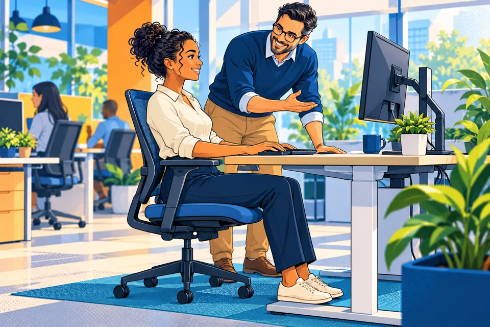 Komiksowa ilustracja ergonomicznego stanowiska pracy biurowej