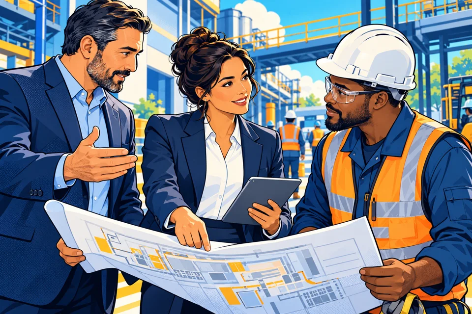 Komiksowa ilustracja kadry kierowniczej omawiającej bezpieczeństwo pracy