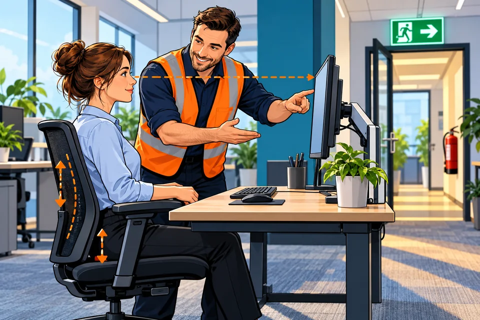 Instruktaż BHP nowego pracownika przy ergonomicznym stanowisku komputerowym.